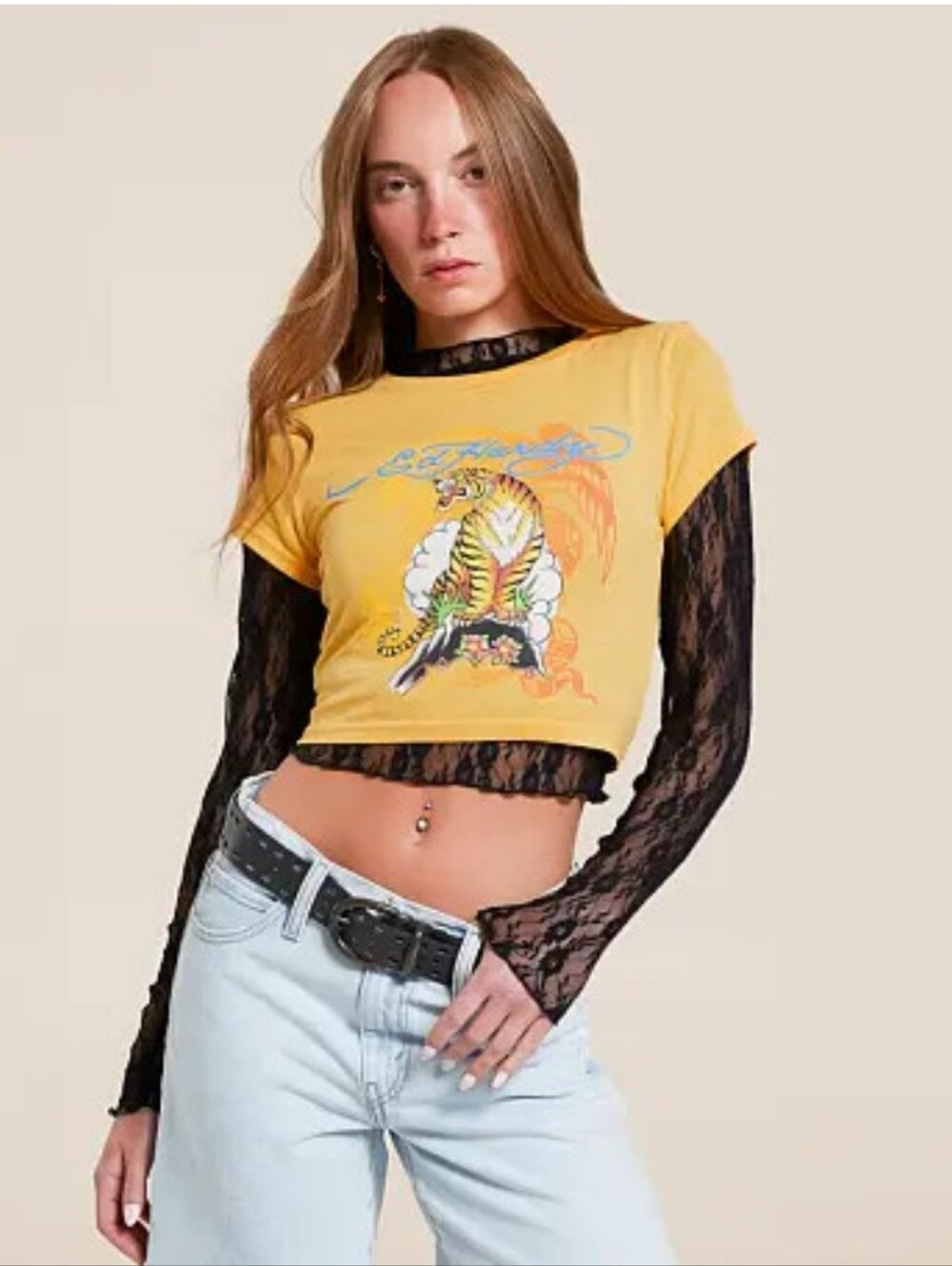 ❣️EUC Ed Hardy Tiger Mountain Baby Tee In Peach 🧡 Size L